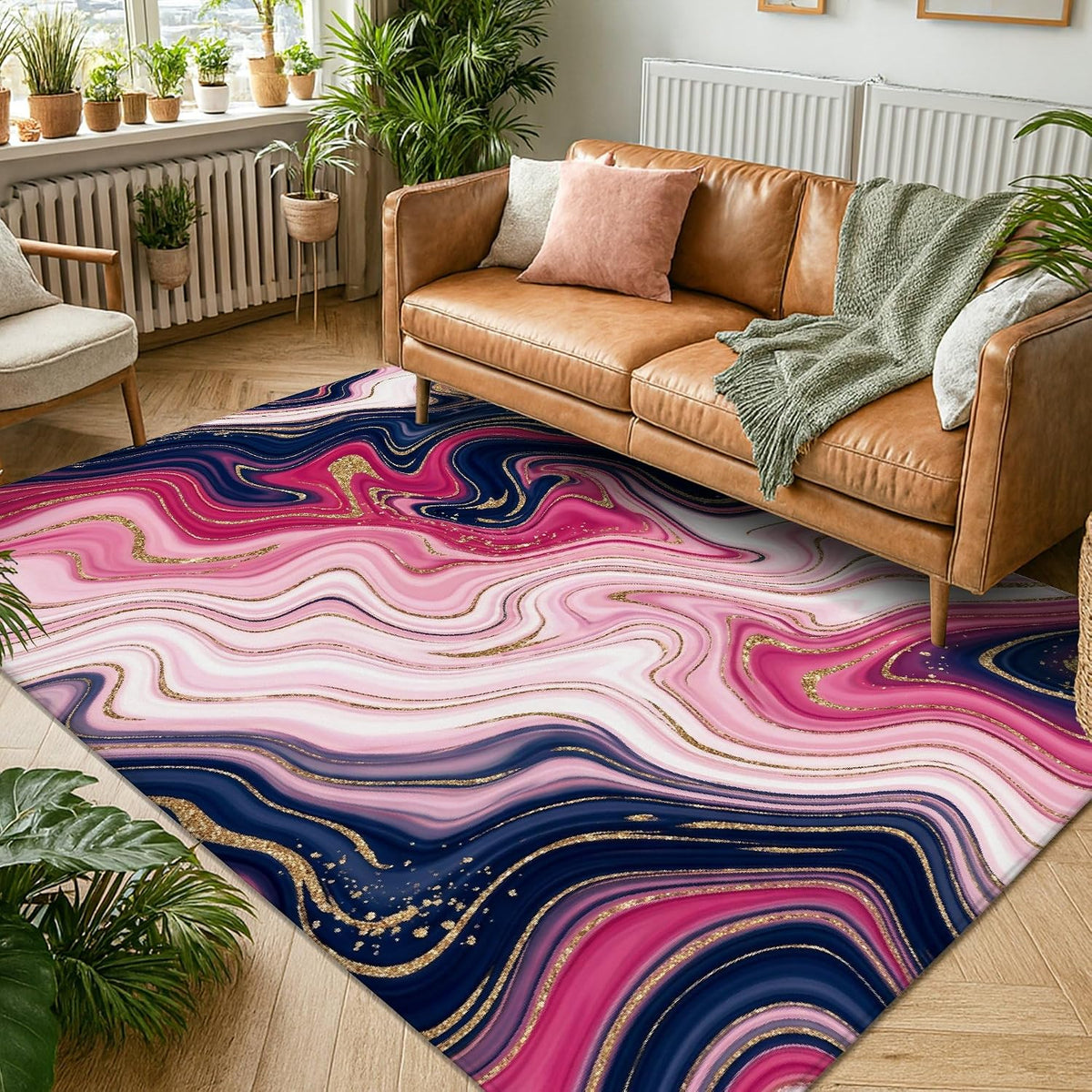 Swirls Area Rug, Modern Abstract Gold Accents Peach Waves None Peach Low Pile Sponge Home Indoor Pattern Carpets Non Shedding Rugs for Living Room Bedroom Classroom College Dorm Decor 5' X 7'