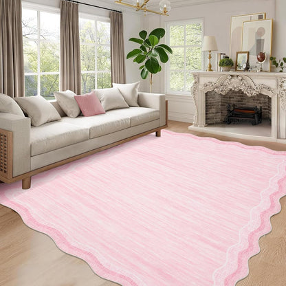 Washable Rug 9x12 Solid Scalloped Rug for Living Room Pink