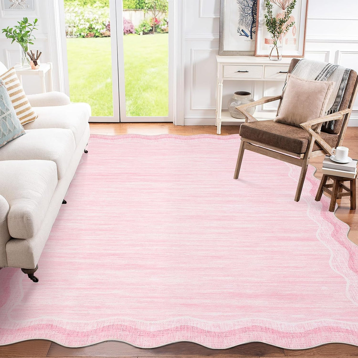 Washable Rug 9x12 Solid Scalloped Rug for Living Room Pink