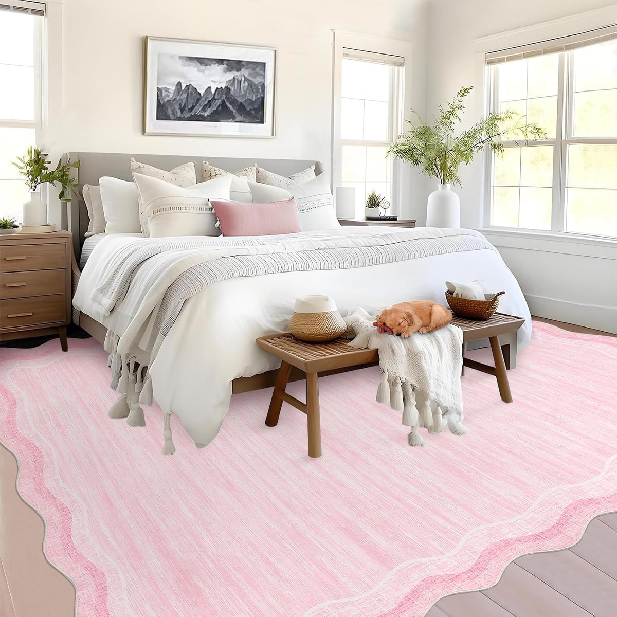 Washable Rug 9x12 Solid Scalloped Rug for Living Room Pink