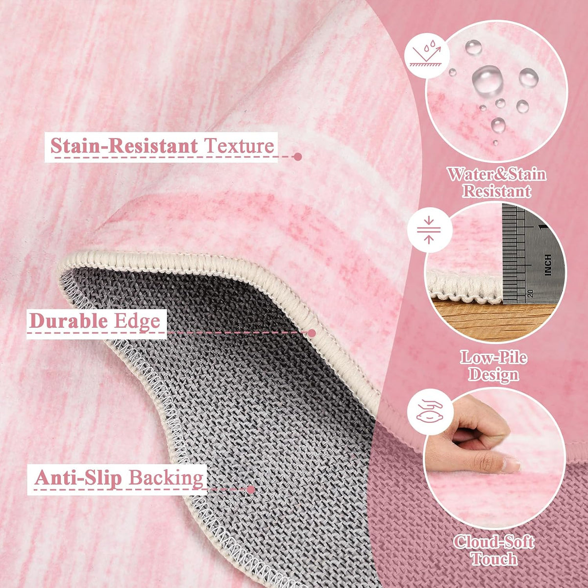 Washable Rug 9x12 Solid Scalloped Rug for Living Room Pink