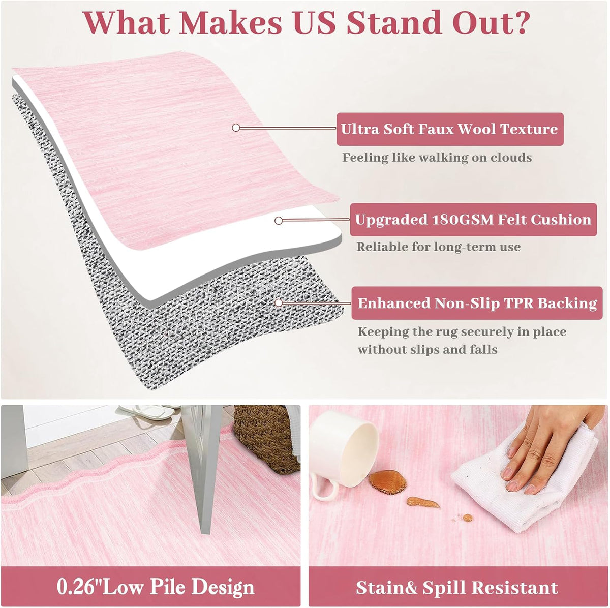 Washable Rug 9x12 Solid Scalloped Rug for Living Room Pink
