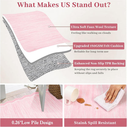 Washable Rug 9x12 Solid Scalloped Rug for Living Room Pink