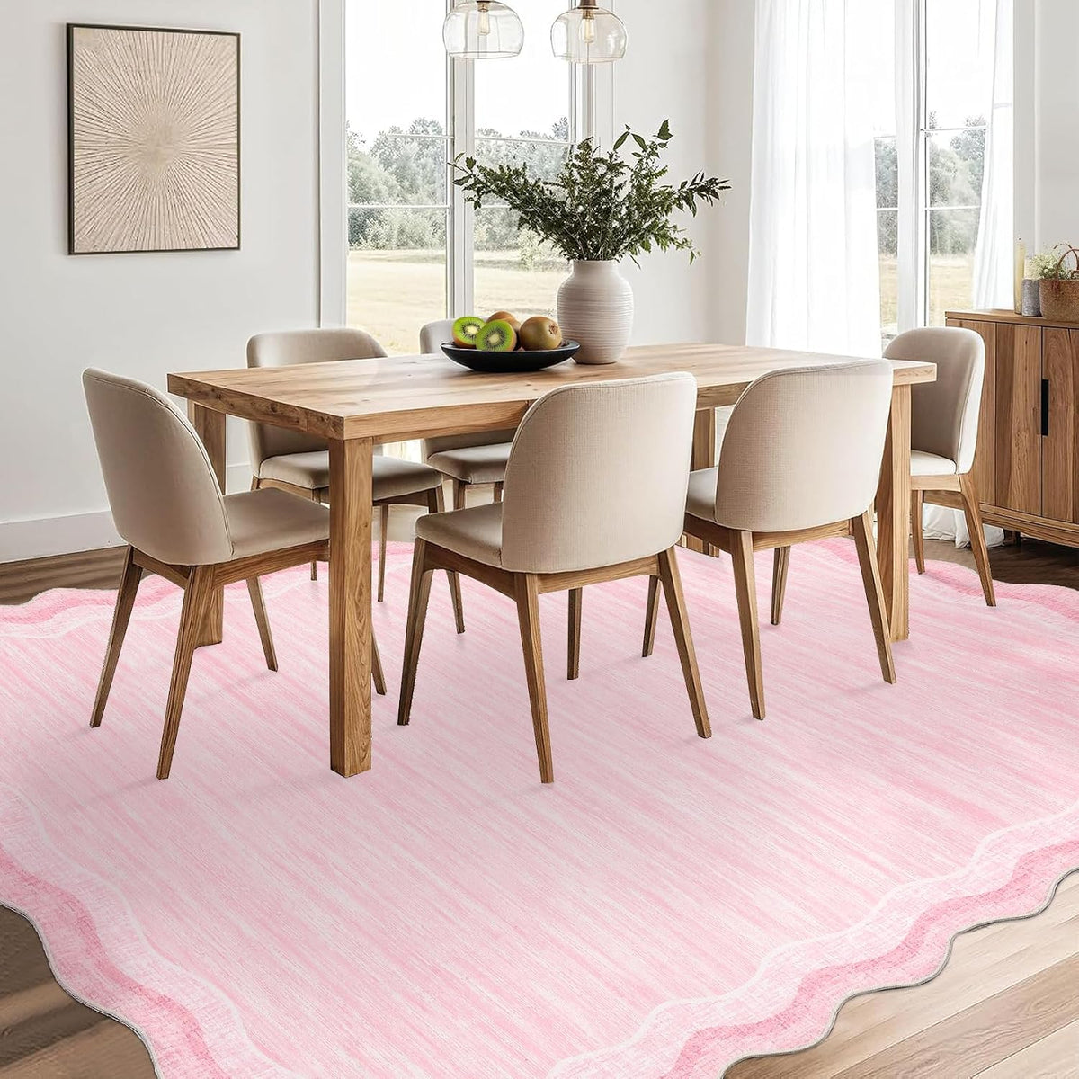 Washable Rug 9x12 Solid Scalloped Rug for Living Room Pink