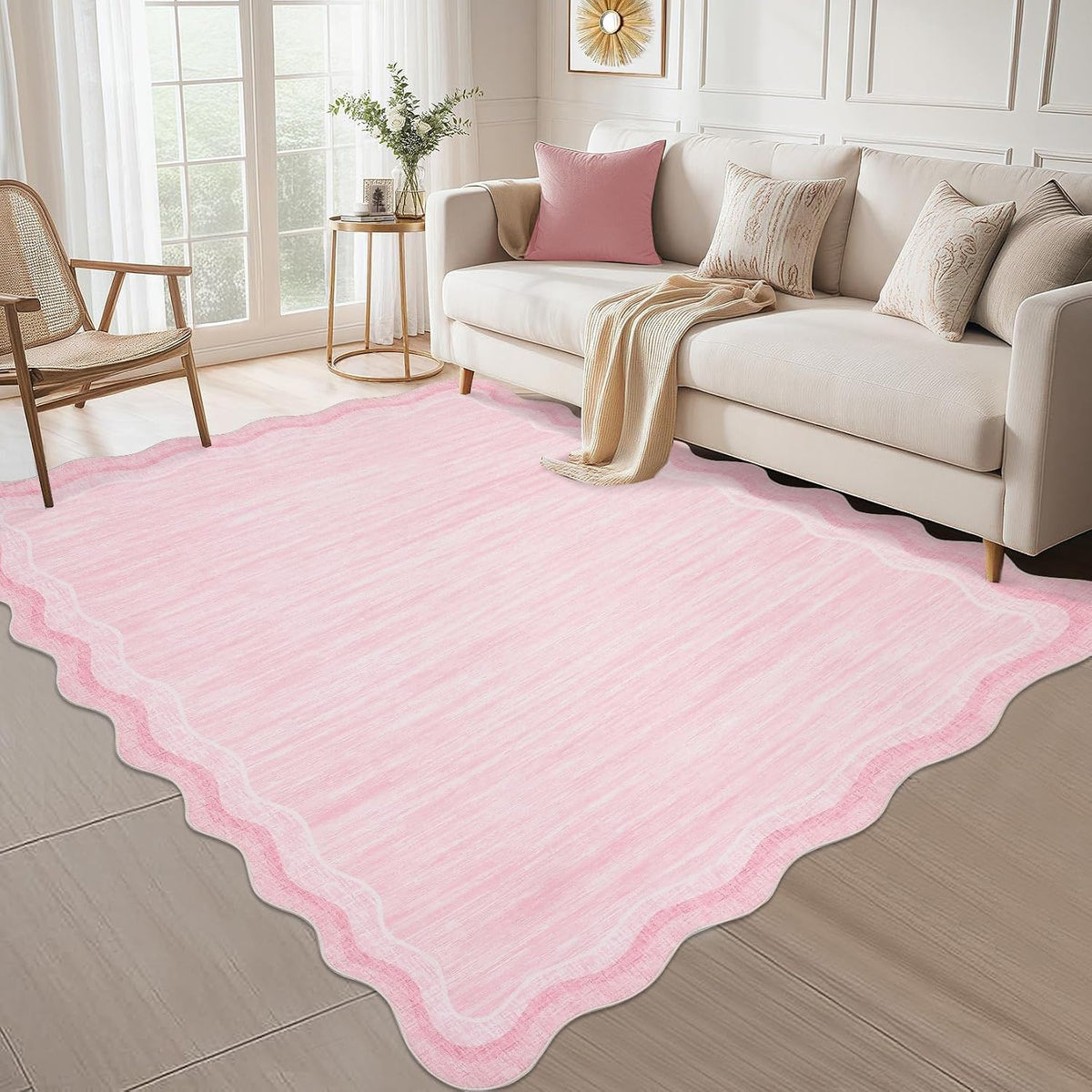 Washable Rug 9x12 Solid Scalloped Rug for Living Room Pink