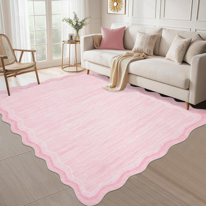 Washable Rug 9x12 Solid Scalloped Rug for Living Room Pink