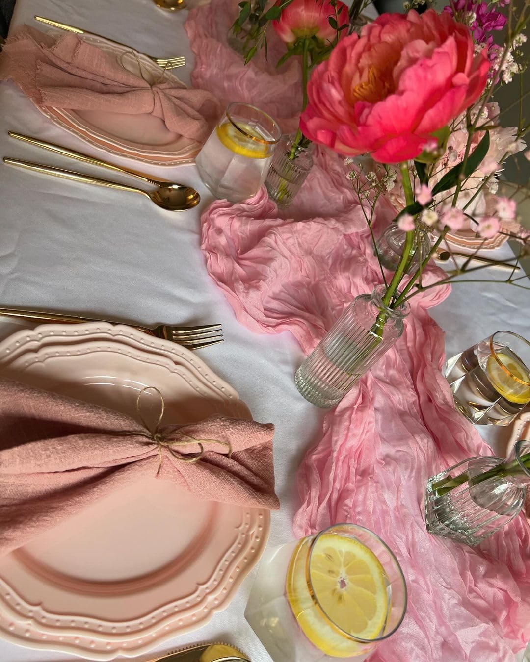 Cheesecloth Table Runner Light Pink 10FT Gauze Rustic Cheese Cloth Dining Table Decor Runners Long for Mother's Day Party Wedding Bridal Easter Birthday Decorations 1Pack 35x120 Inches