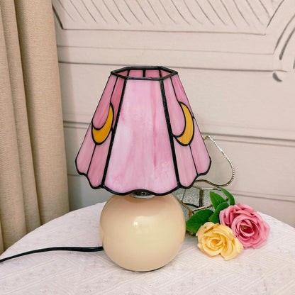 Tiffany Style Moon Mushroom Stained Glass Table Lamp Pink Cute Small Table Lamp Bedroom Bedside lamp Living Room Dining Room Office Decoration Desk lamp Home Decoration Creative Gift