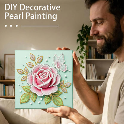 DIY Pearl Art Painting Handcraft Kit for Adults Beginners, Self-Adhesive Home Wall Decoration, Creative Design, Framed Painting with Tools-Pink Rose