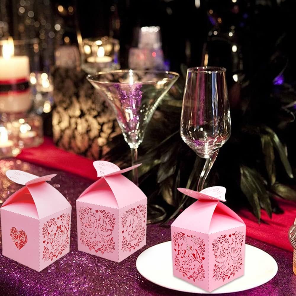 46 Pcs Candy Favor Boxes Laser Cut Flowers and Butterflies Peacock Dove Sing Creative Candy Chocolate Box Wedding Favors Box Baby Shower Favors Boxes Party Gifts Decors (Pink)