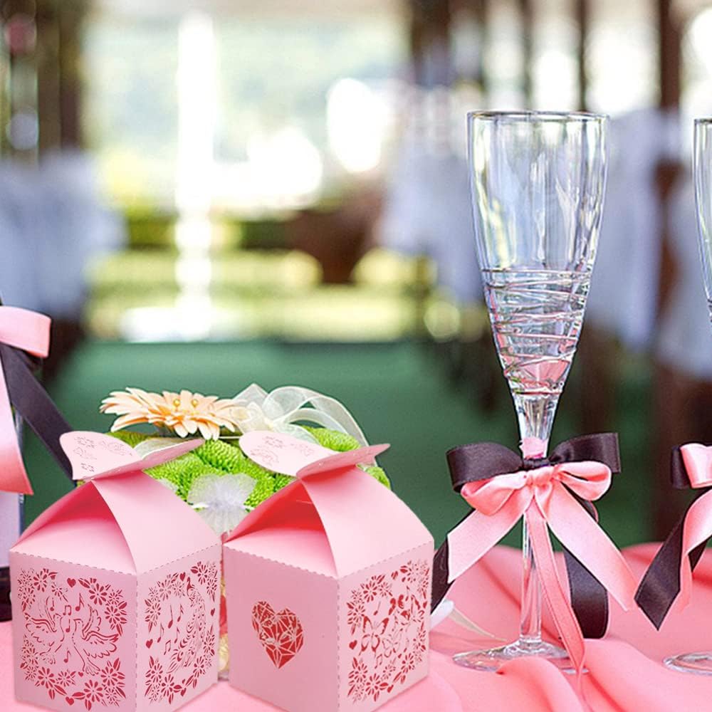 46 Pcs Candy Favor Boxes Laser Cut Flowers and Butterflies Peacock Dove Sing Creative Candy Chocolate Box Wedding Favors Box Baby Shower Favors Boxes Party Gifts Decors (Pink)