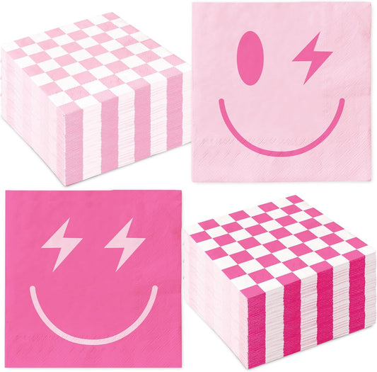 100Pcs Preppy Party Napkin Pink Checkered Smile Paper Napkins Disposable Dessert Dinner Hand Napkin for Birthday Bachelorette Party Supplies