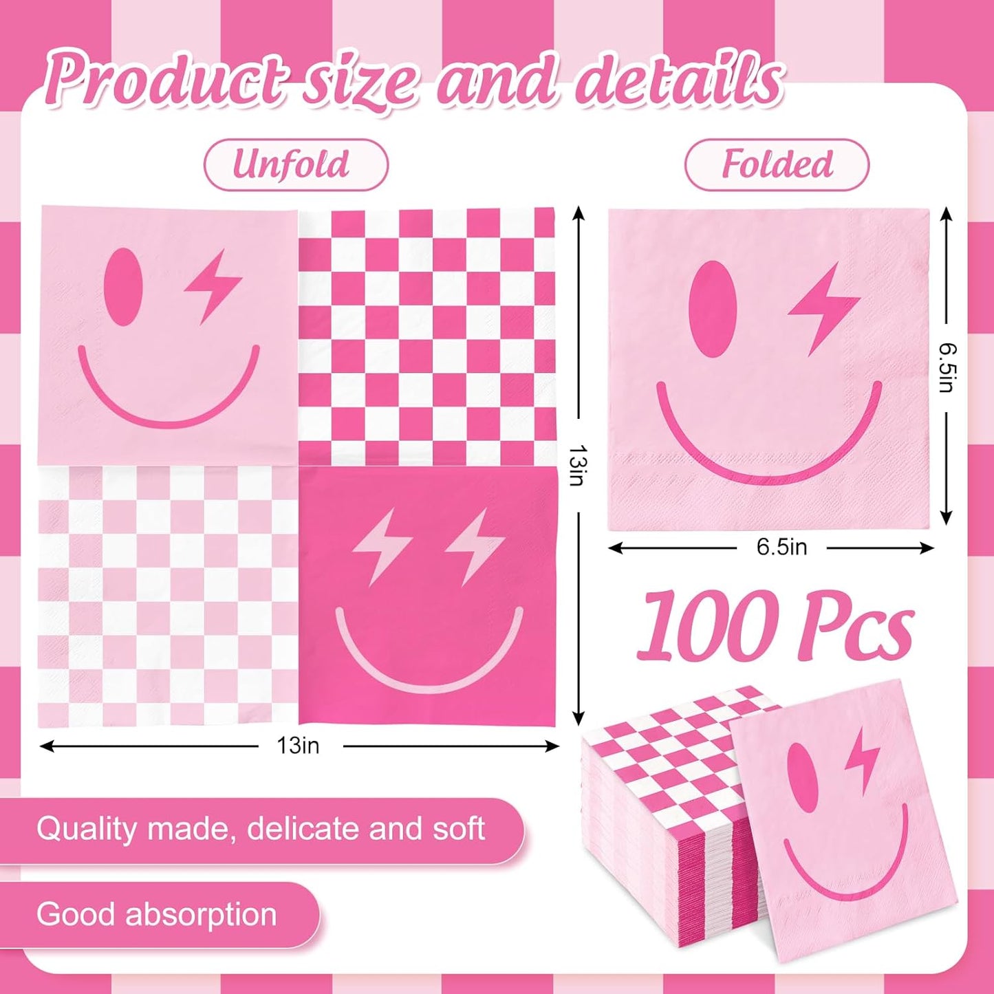 100Pcs Preppy Party Napkin Pink Checkered Smile Paper Napkins Disposable Dessert Dinner Hand Napkin for Birthday Bachelorette Party Supplies
