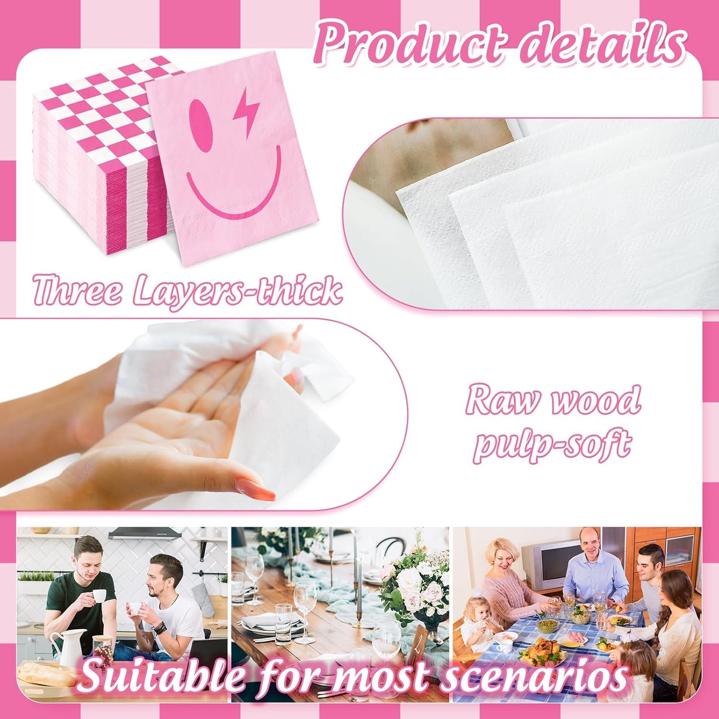 100Pcs Preppy Party Napkin Pink Checkered Smile Paper Napkins Disposable Dessert Dinner Hand Napkin for Birthday Bachelorette Party Supplies