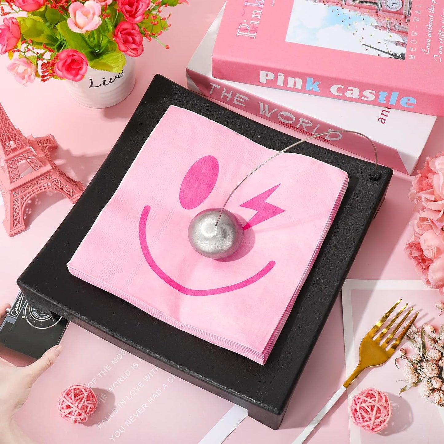 100Pcs Preppy Party Napkin Pink Checkered Smile Paper Napkins Disposable Dessert Dinner Hand Napkin for Birthday Bachelorette Party Supplies