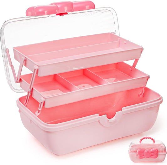 11" Three-Layer Multipurpose Storage Box, Clear Plastic Art Craft Organizer, Portable First Aids Case with Handle Trays for Kids, Sewing Makeup Nail Hair Accessories, Home School Office(Pink)