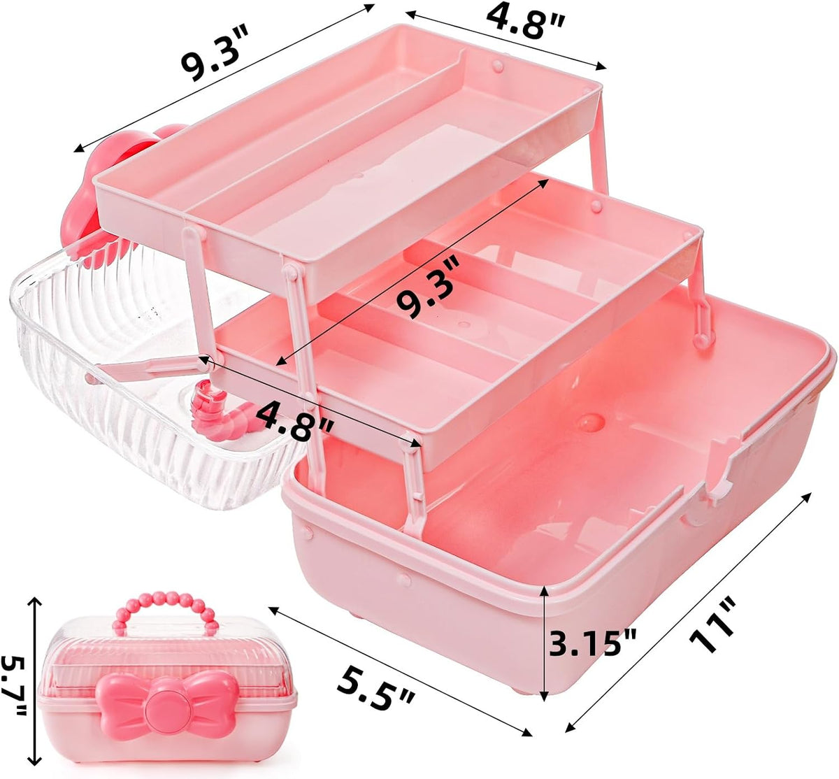 11" Three-Layer Multipurpose Storage Box, Clear Plastic Art Craft Organizer, Portable First Aids Case with Handle Trays for Kids, Sewing Makeup Nail Hair Accessories, Home School Office(Pink)