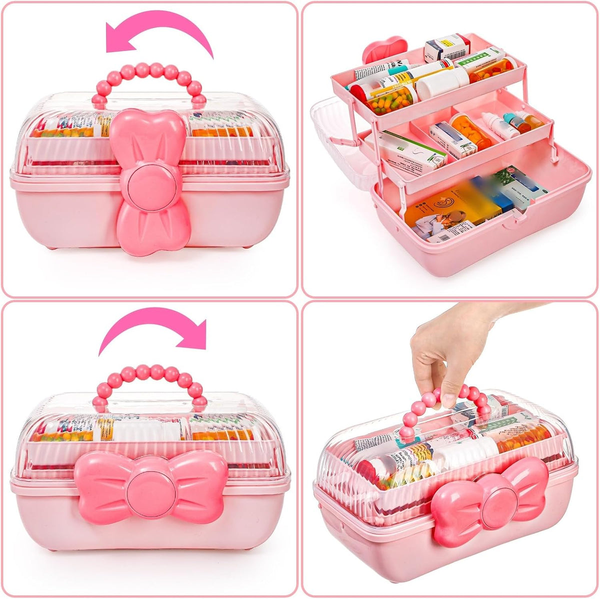 11" Three-Layer Multipurpose Storage Box, Clear Plastic Art Craft Organizer, Portable First Aids Case with Handle Trays for Kids, Sewing Makeup Nail Hair Accessories, Home School Office(Pink)