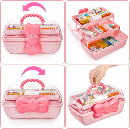 11" Three-Layer Multipurpose Storage Box, Clear Plastic Art Craft Organizer, Portable First Aids Case with Handle Trays for Kids, Sewing Makeup Nail Hair Accessories, Home School Office(Pink)