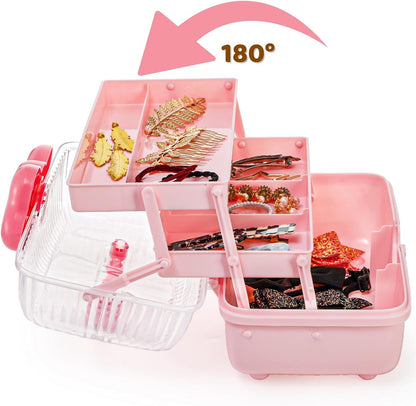 11" Three-Layer Multipurpose Storage Box, Clear Plastic Art Craft Organizer, Portable First Aids Case with Handle Trays for Kids, Sewing Makeup Nail Hair Accessories, Home School Office(Pink)