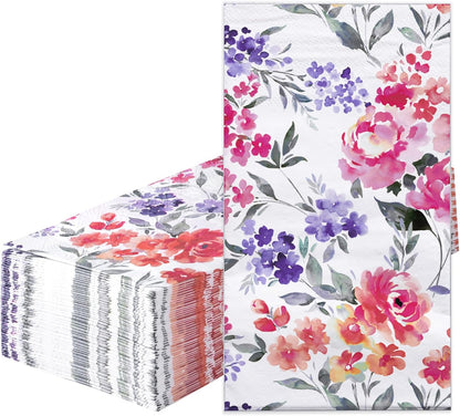 Decorative Paper Hand Towels Pink Flower Disposable Napkins for Bathroom, Guest Room & Kitchen, 3 Ply 4.3" x 7.5" Folded Seasonal Dinner Decorative for Wedding, Baby Shower Party, 50 Packs