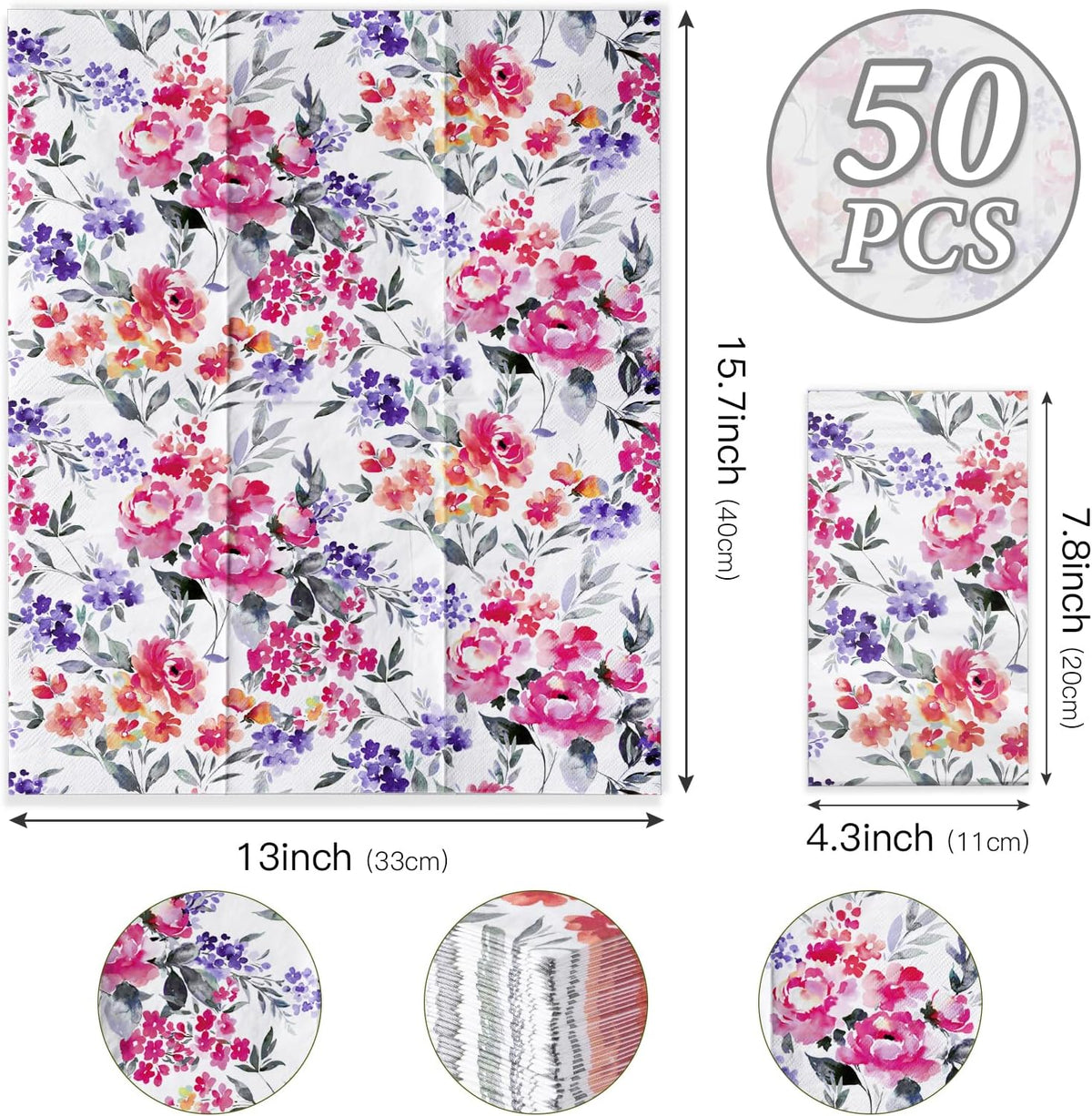 Decorative Paper Hand Towels Pink Flower Disposable Napkins for Bathroom, Guest Room & Kitchen, 3 Ply 4.3" x 7.5" Folded Seasonal Dinner Decorative for Wedding, Baby Shower Party, 50 Packs
