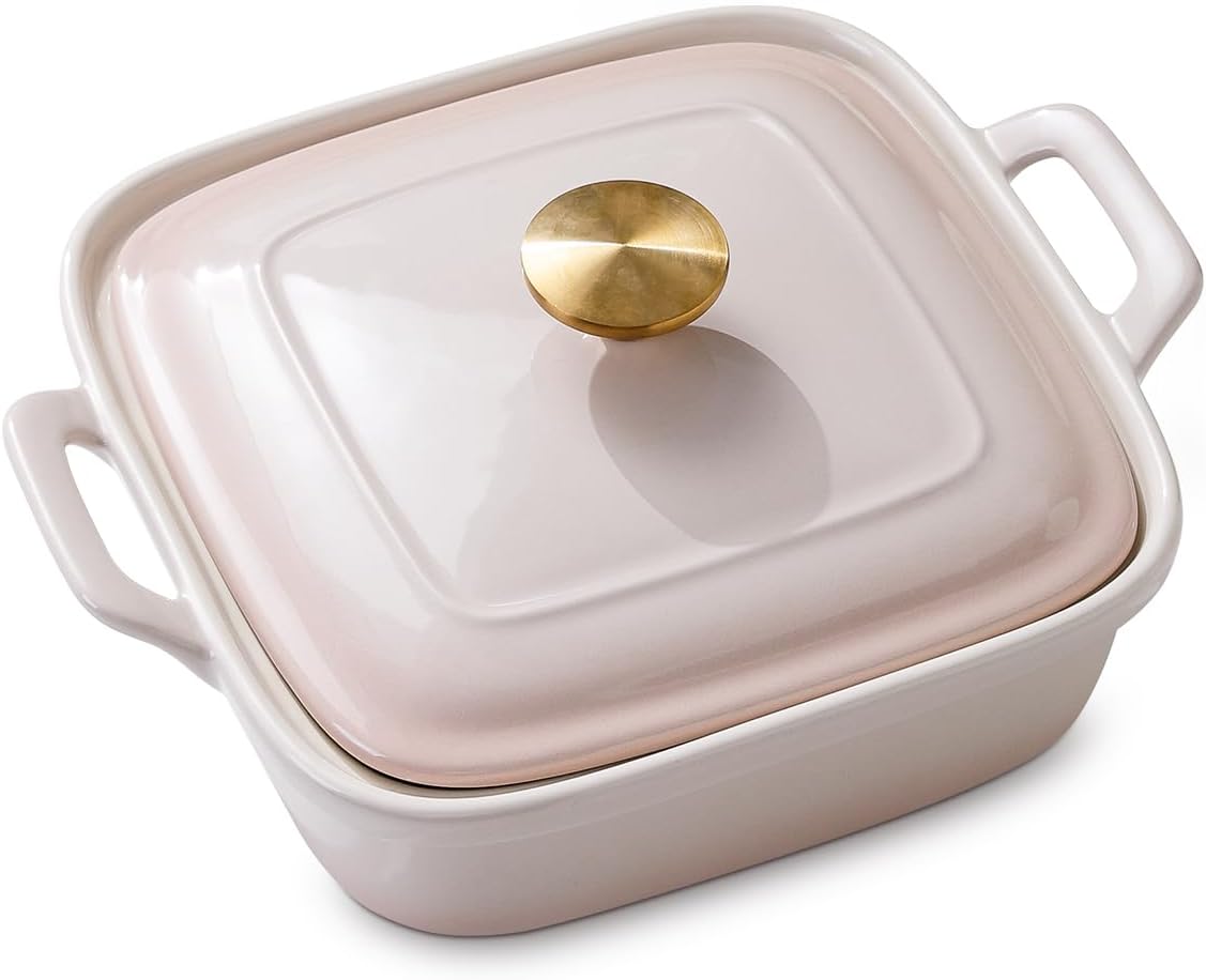2 Qt Stoneware Casserole Dish with Lid & Handles, Baking Dish, Blush Pink