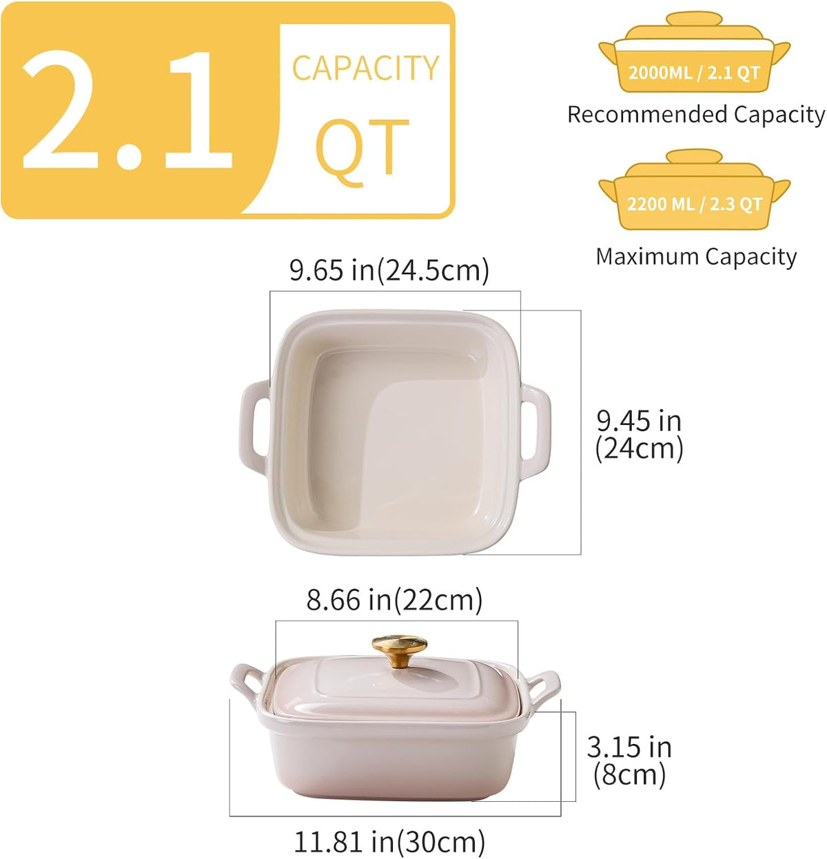 2 Qt Stoneware Casserole Dish with Lid & Handles, Baking Dish, Blush Pink