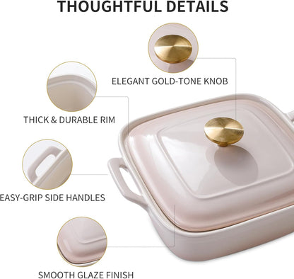 2 Qt Stoneware Casserole Dish with Lid & Handles, Baking Dish, Blush Pink