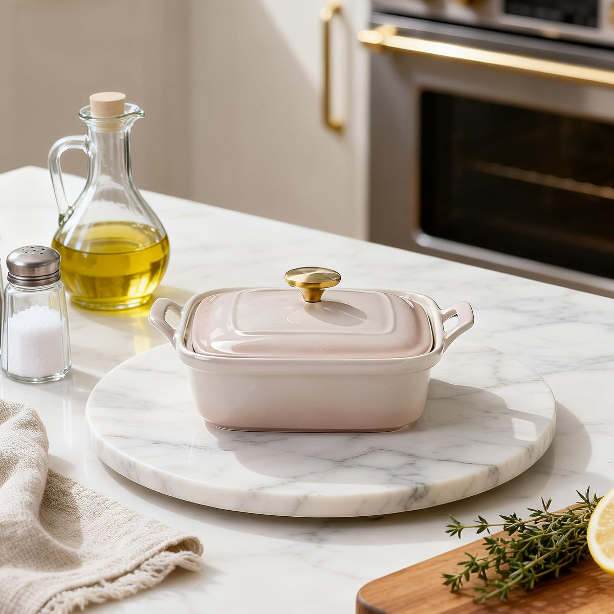 2 Qt Stoneware Casserole Dish with Lid & Handles, Baking Dish, Blush Pink
