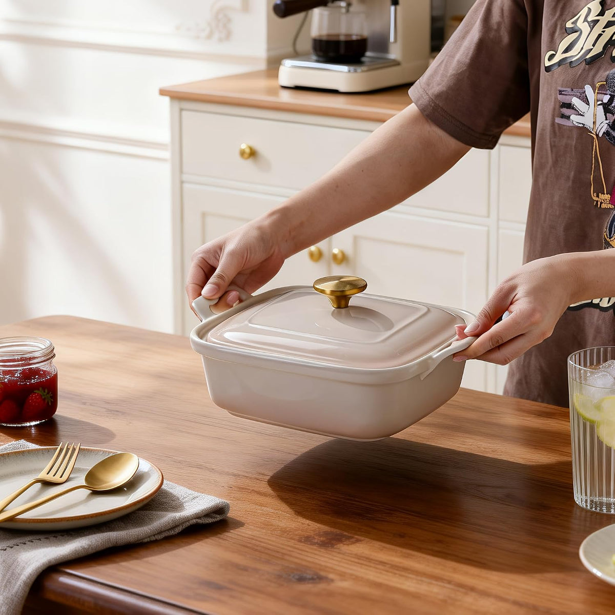 2 Qt Stoneware Casserole Dish with Lid & Handles, Baking Dish, Blush Pink