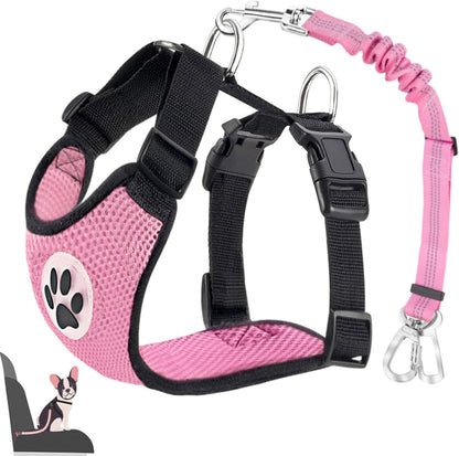 Lukovee Dog Car Harness Seat Belt, Adjustable Mesh Breathable Vest with Elastic Bungee Tether, Soft Padded 2-in-1 Safety Car Harness Seatbelt for Small Medium Large Dogs (A-Pink,M)