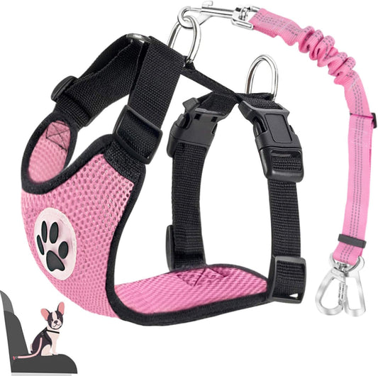 Lukovee Dog Car Harness Seat Belt, Adjustable Mesh Breathable Vest with Elastic Bungee Tether, Soft Padded 2-in-1 Safety Car Harness Seatbelt for Small Medium Large Dogs (A-Pink,M)