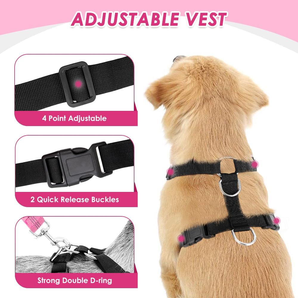 Lukovee Dog Car Harness Seat Belt, Adjustable Mesh Breathable Vest with Elastic Bungee Tether, Soft Padded 2-in-1 Safety Car Harness Seatbelt for Small Medium Large Dogs (A-Pink,M)