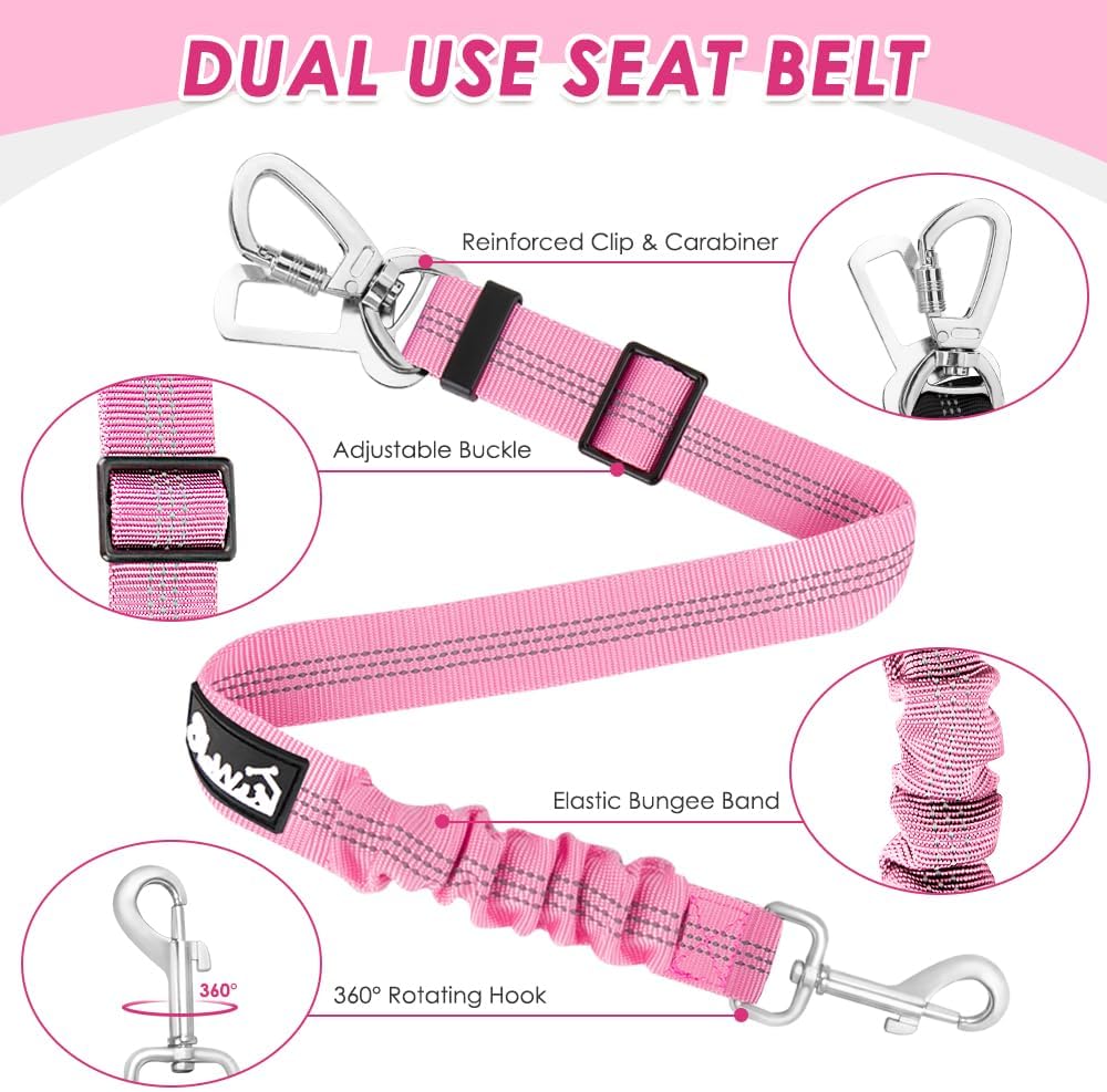 Lukovee Dog Car Harness Seat Belt, Adjustable Mesh Breathable Vest with Elastic Bungee Tether, Soft Padded 2-in-1 Safety Car Harness Seatbelt for Small Medium Large Dogs (A-Pink,M)