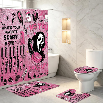 4Pcs Halloween Bathroom Decor, Gothic Pink Scary Shower Curtain Set,Halloween Rug,Halloween Shower Curtain