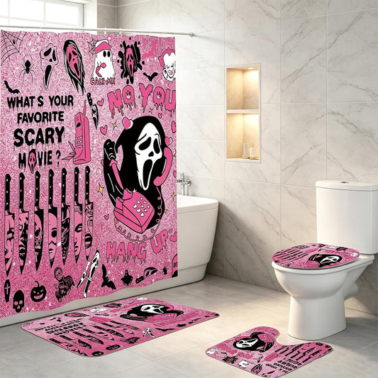 4Pcs Halloween Bathroom Decor, Gothic Pink Scary Shower Curtain Set,Halloween Rug,Halloween Shower Curtain