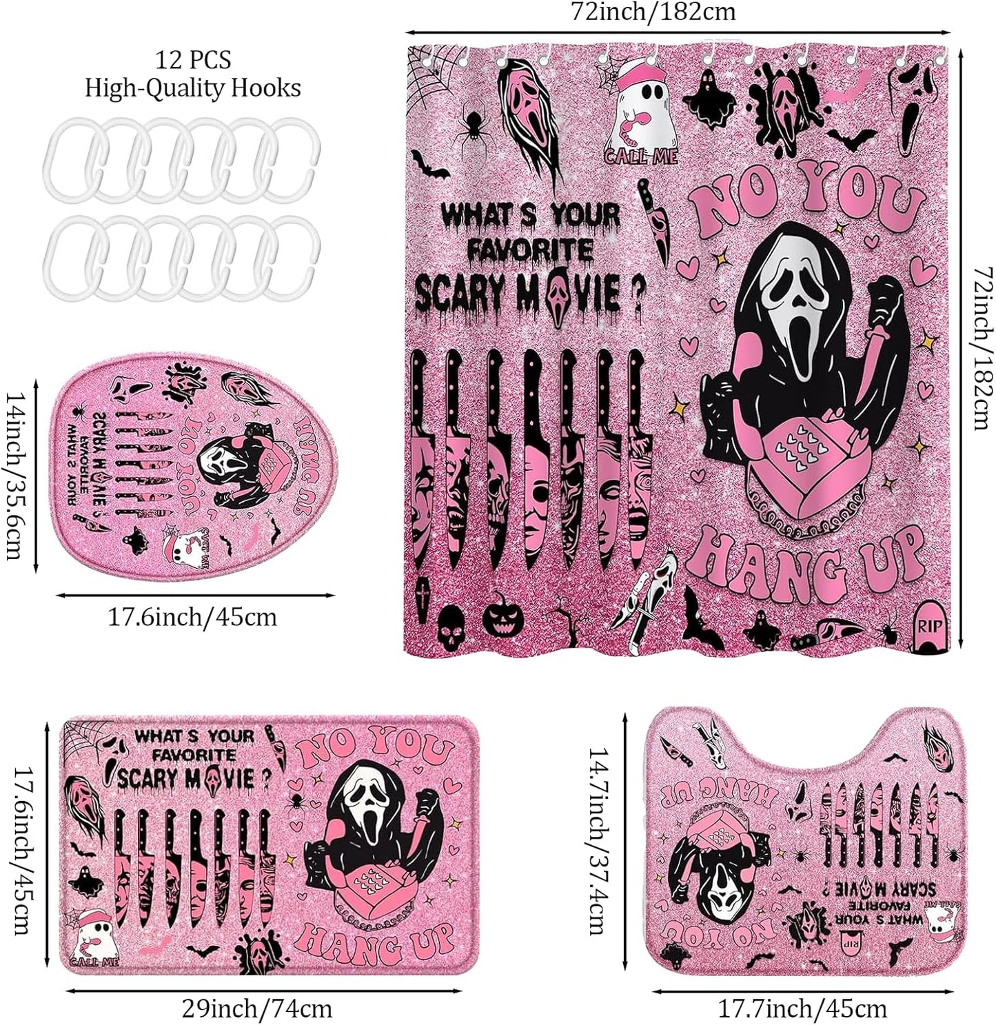 4Pcs Halloween Bathroom Decor, Gothic Pink Scary Shower Curtain Set,Halloween Rug,Halloween Shower Curtain