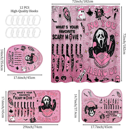 4Pcs Halloween Bathroom Decor, Gothic Pink Scary Shower Curtain Set,Halloween Rug,Halloween Shower Curtain