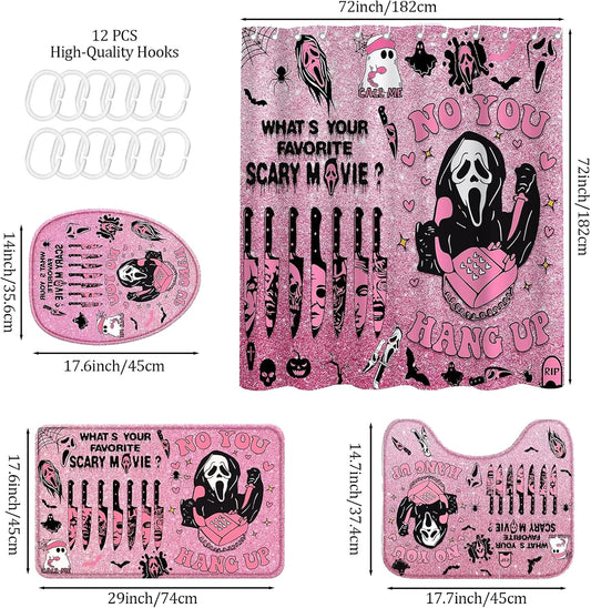 4Pcs Halloween Bathroom Decor, Gothic Pink Scary Shower Curtain Set,Halloween Rug,Halloween Shower Curtain