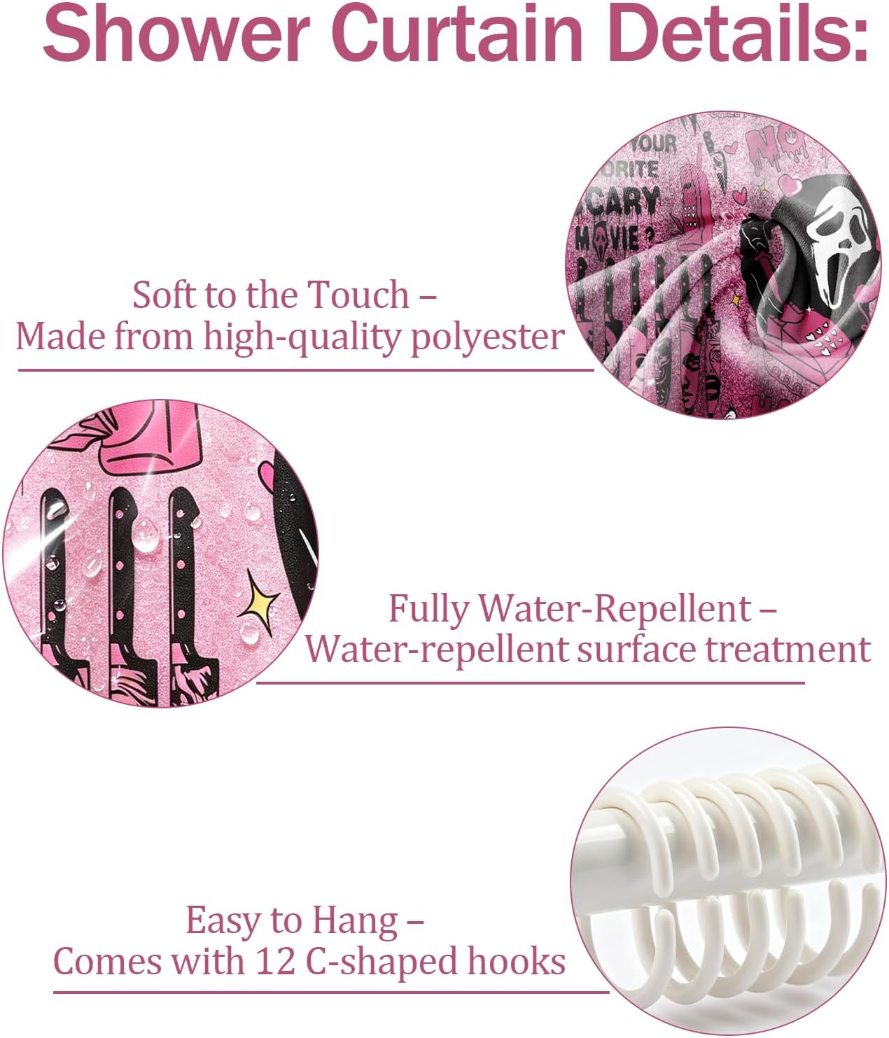 4Pcs Halloween Bathroom Decor, Gothic Pink Scary Shower Curtain Set,Halloween Rug,Halloween Shower Curtain