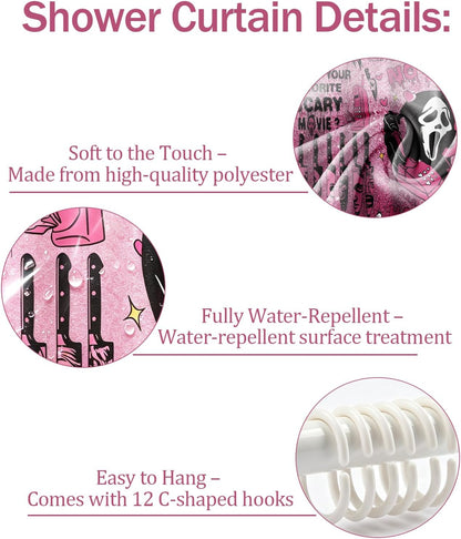 4Pcs Halloween Bathroom Decor, Gothic Pink Scary Shower Curtain Set,Halloween Rug,Halloween Shower Curtain