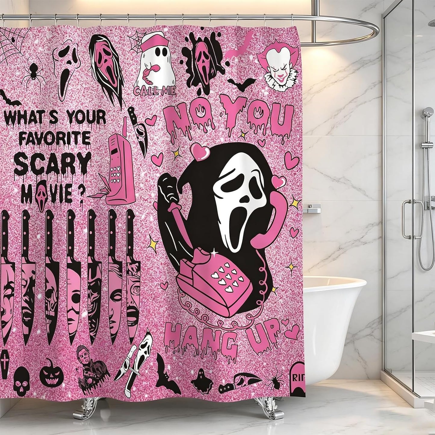 4Pcs Halloween Bathroom Decor, Gothic Pink Scary Shower Curtain Set,Halloween Rug,Halloween Shower Curtain
