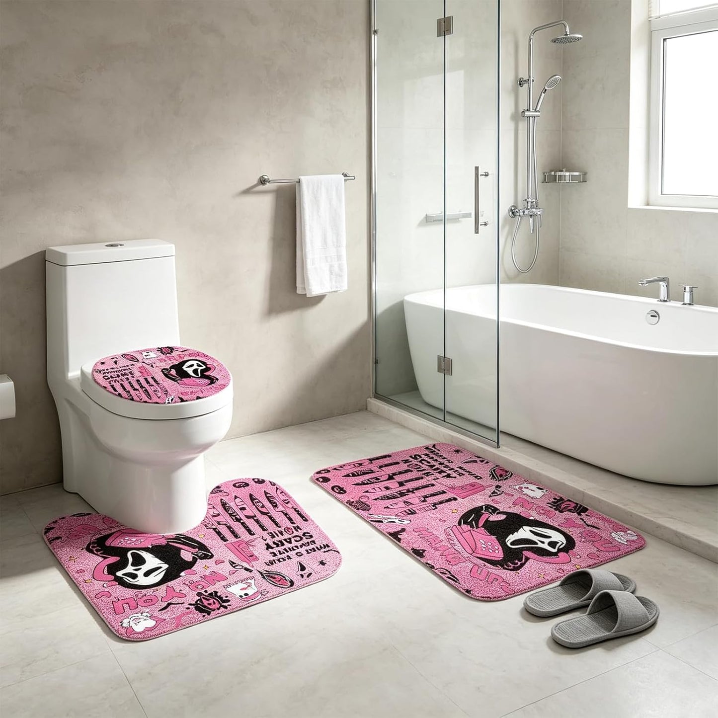 4Pcs Halloween Bathroom Decor, Gothic Pink Scary Shower Curtain Set,Halloween Rug,Halloween Shower Curtain