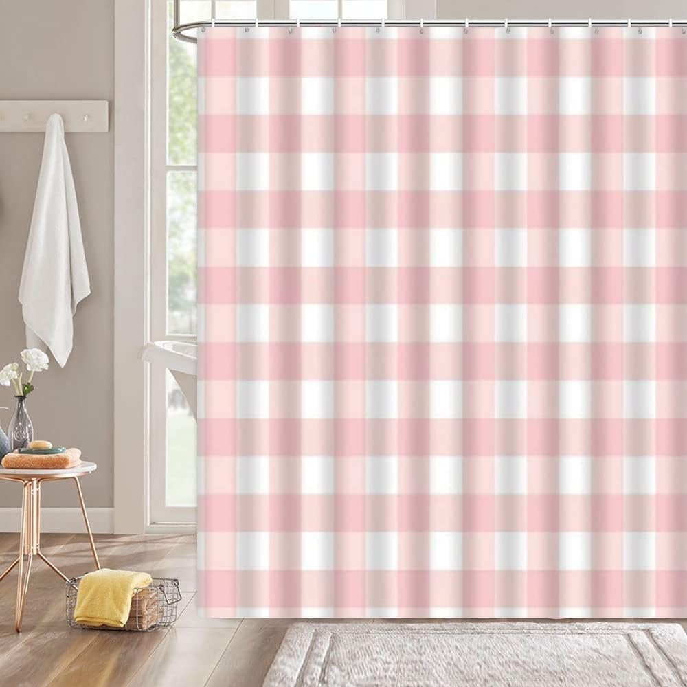 Pink White Gingham Shower Curtain,70" Wx70 H