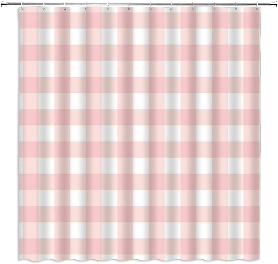 Pink White Gingham Shower Curtain,70" Wx70 H
