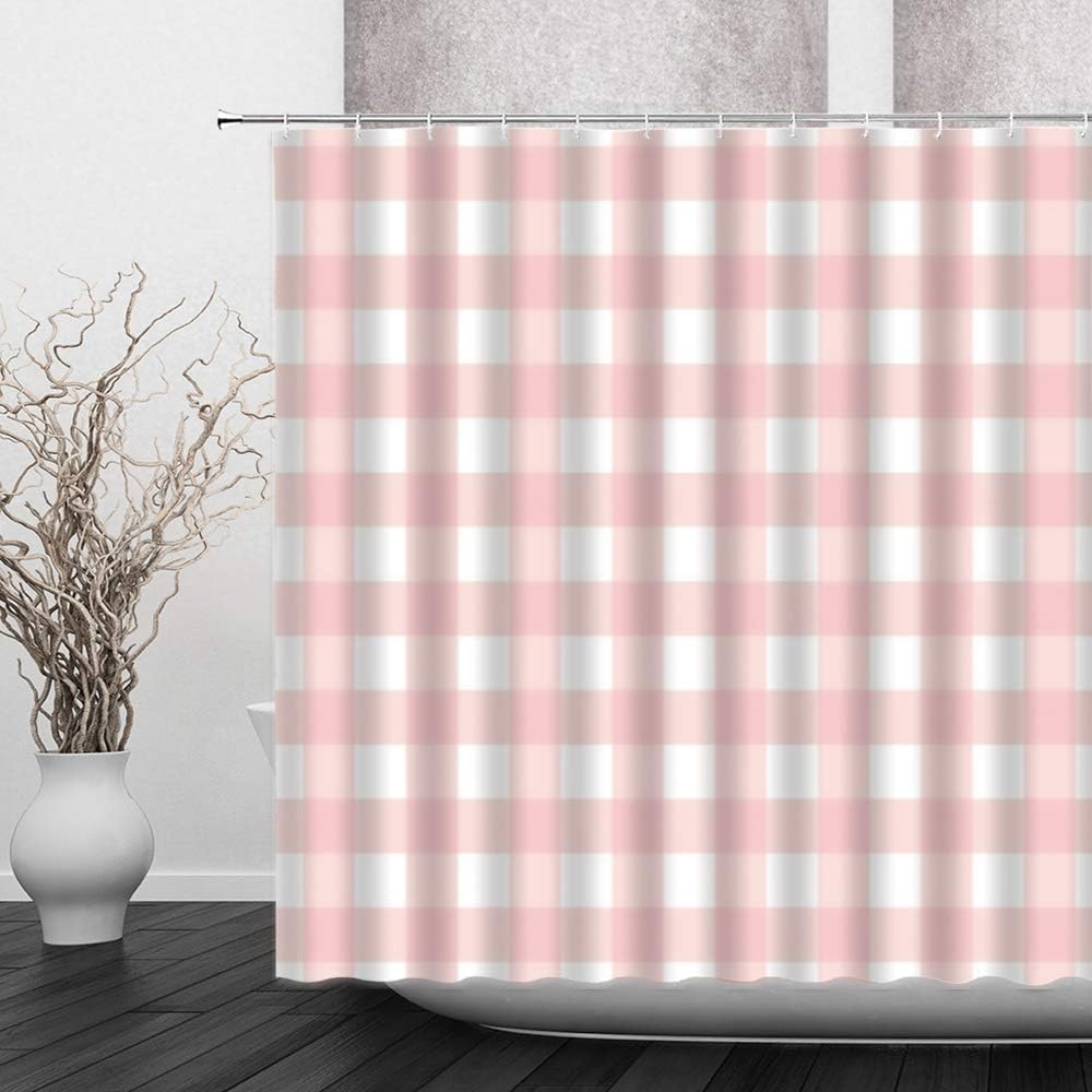 Pink White Gingham Shower Curtain,70" Wx70 H