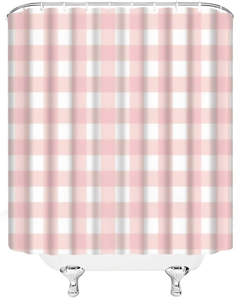 Pink White Gingham Shower Curtain,70" Wx70 H