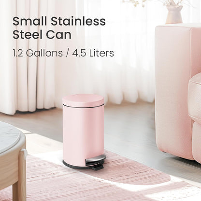 Small Round Bathroom Trash Can with Lid Soft Close, 1.2 Gal, Pink