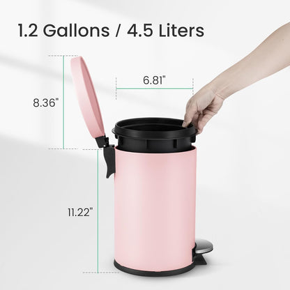 Small Round Bathroom Trash Can with Lid Soft Close, 1.2 Gal, Pink
